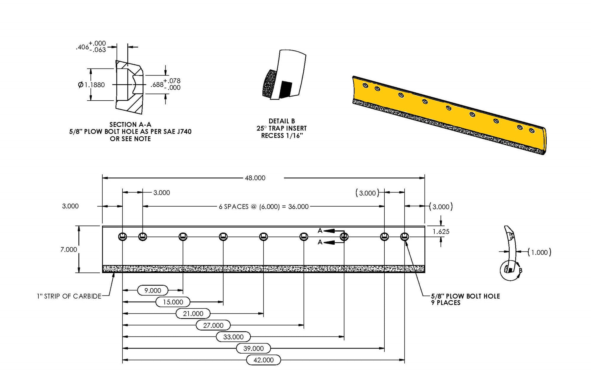 1" X 7" X 48" Curved Double Carbide with 5/8" hole CIJT874845-ACI-Grader Blades-Equipment Blades Inc-Equipment Blades Inc