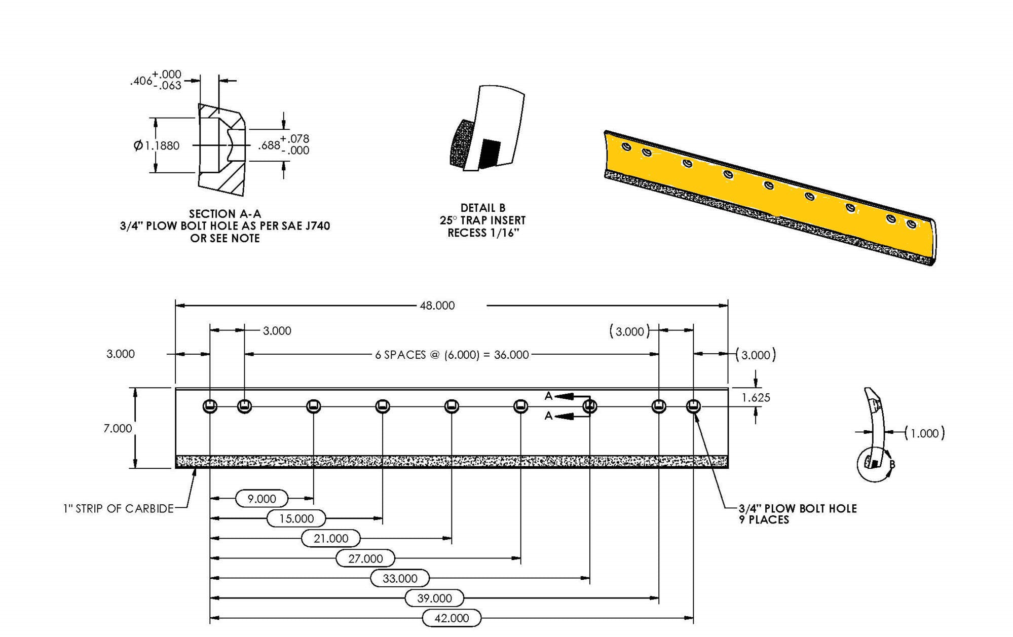 1" X 7" X 48" Curved Double Carbide with 3/4" hole CIJT874875-ACI-Grader Blades-Equipment Blades Inc-Equipment Blades Inc